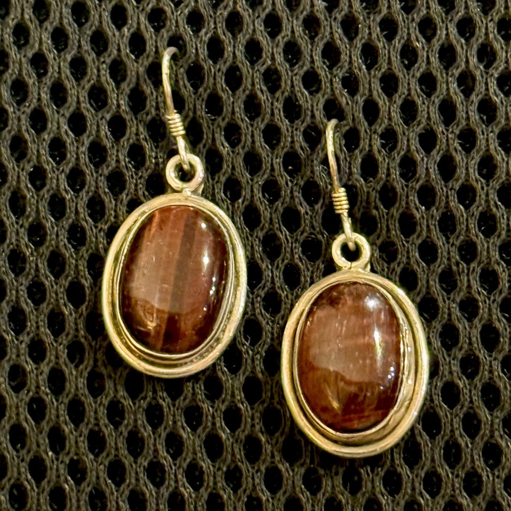 Southwestern Vintage Style Sterling Silver Red Tiger’s Eye Hook Dangle Earrings